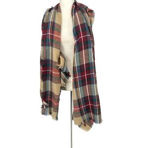 Look Wool Blend Plaid Blanket Fringe Scarf Tan Red Green 78 X 76” Womens